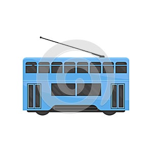 Flat vector icon of blue Hong Kong tramway. Public Chinese transport. Urban tram-train. Modern rail vehicle