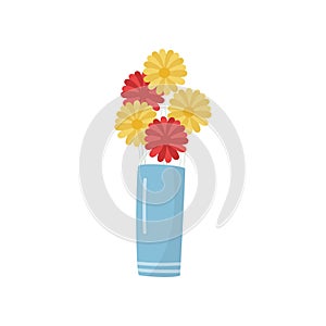 Flat vector icon of blue vase with bright yellow and red flowers. Beautiful gift bouquet. Natural element for home decor
