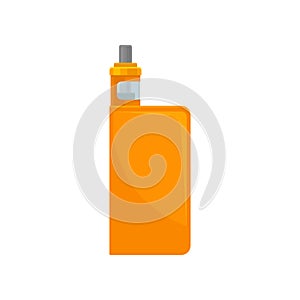 Flat vector icon of bright orange vape. Electronic cigarette. Vaporizer with transparent glass tank for liquid