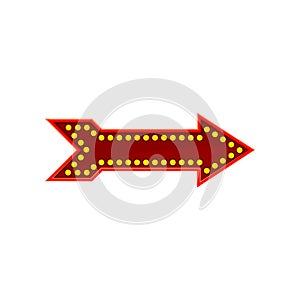 Flat vector icon of bright red arrow. Direction sign with yellow diodes lamps. Element for mobile game, promo poster or