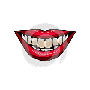 Flat vector icon of bright red female lips. Sincere woman s smile with white teeth. Design for mobile app, sticker