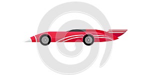 Flat vector icon of bright red racing car with stripes and spoiler. Vintage sports automobile. Autosport theme