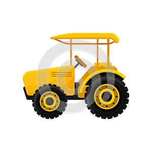 Flat vector icon of bright yellow open tractor. Agricultural machinery. Farm equipment. Vehicle for work fields