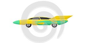 Flat vector icon of bright yellow racing car with green wrap decal, side view. Fast sports vehicle with tinted windows