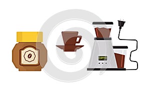 Flat vector icon of coffee maker, cup on saucer and jar of coffee beans. Kitchen appliance. Modern electric device