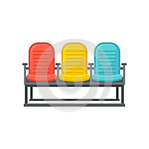 Flat vector icon of comfortable chairs for passengers. Furniture for waiting room at airport. Bench with three seating