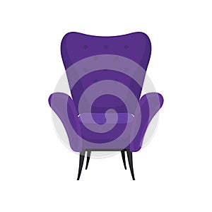 Flat vector icon of cozy purple armchair, front view. Comfortable soft chair for living room. Modern furniture