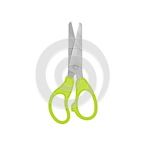 Flat vector icon of craft scissors with bright green plastic handles. Cutting instrument with two metal blades