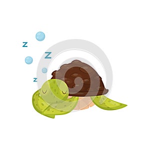 Flat vector icon of cute sleeping turtle. Marine animal. Green tortoise with brown shell. Element for children book or