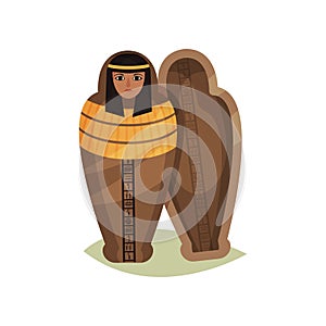 Flat vector icon of empty Egyptian sarcophagus. Ancient artifact. Museum exhibit. Element for mobile game or advertising
