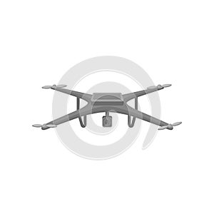 Flat vector icon of flying quadcopter. Dark gray drone with four rotor blades and action camera