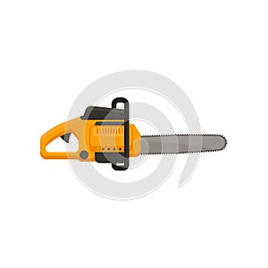 Flat vector icon of gas chainsaw steel blade. Orange electric saw. Power tool for cutting wood and metal