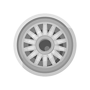 Flat vector icon of gray car disk. Alloy wheel of automobile. Auto parts theme. Element for advertising flyer or poster