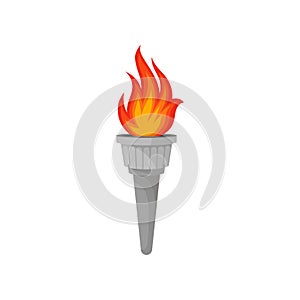 Flat vector icon of gray flambeau. Brightly blazing torch. Symbol of Olympic games