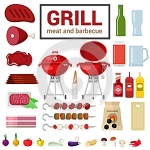 Flat vector icon of grill meat barbecue BBQ cooking outdoor