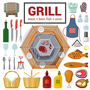 Flat vector icon of grill meat fish barbecue BBQ cooking outdoor