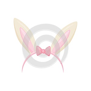 Flat vector icon of hair hoop with cute bunny ears and small pink bow. Head accessory. Attribute of costume