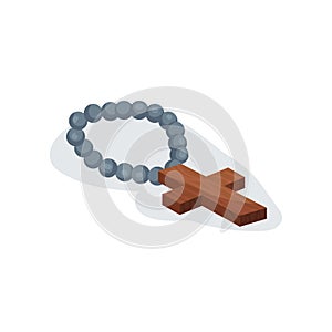 Flat vector icon of holy Christian rosary. Chaplet with brown wooden cross. Religious attribute of Catholic church