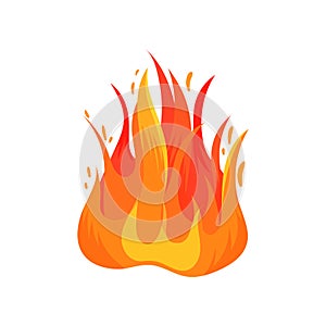 Flat vector icon of hot blazing flame isolated on white background. Bright red-orange fire. Burning campfire