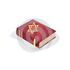 Flat vector icon of Jewish prayer book of sacred texts. Hebrew bible with star of David symbol on cover. Religious