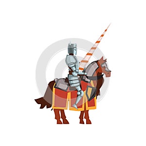 Flat vector icon of knight from the Middle Ages sitting on horseback with lance in hand. Cartoon character of brave