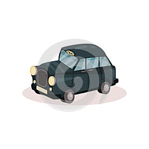 Flat vector icon of London taxi. Classic black cab. Famous public transport in England. Graphic design for poster or
