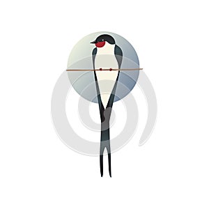 Flat vector icon of martlet sitting on tree branch, circle sky background behind. Wild bird. Ornithology theme