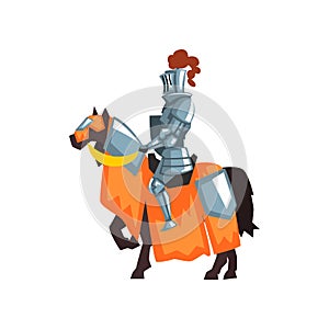 Flat vector icon of medieval knight on horseback. Guardian of the kingdom. Royal warrior wearing shiny iron armor and