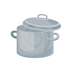 Flat vector icon of metal saucepan for cooking food. Stainless pot with two handles and lid. Kitchenware theme
