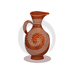 Flat vector icon of old clay jug with traditional ornament. Ancient ceramic amphora with handle and narrow neck