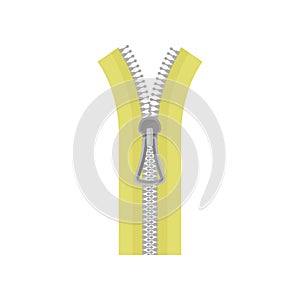 Flat vector icon of open yellow zipper with gray metal teeth and puller. Tailoring or sewing material. Open zip fastener