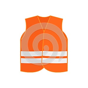 Flat vector icon of orange safety vest waistcoat with two reflective stripes. High-visibility clothing. Protective wear