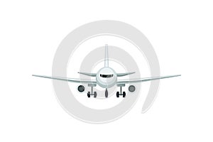 Flat vector icon of passenger airplane, front view. Air transport. Element for web site or promo poster of travel agency