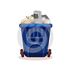 Flat vector icon of plastic container for dry waste. Old newspapers and crumpled paper. Garbage separation and disposal