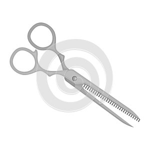 Flat vector icon of professional hair thinning scissors. Steel barber`s shears. Instrument for cutting hair