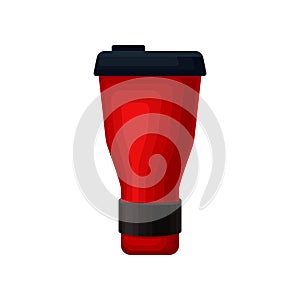 Flat vector icon of red aluminum thermo mug. Vacuum cup with plastic lid for hot beverages. Container for tea or coffee