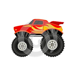 Flat vector icon of red monster truck with yellow-orange flame decal. Car with large tires, spoiler and black tinted