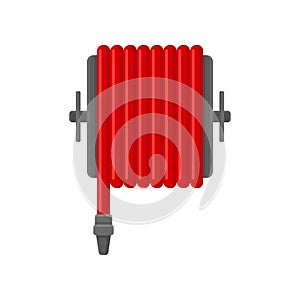 Flat vector icon of red water hose for fire fighting. Flame prevention tool. Object for concept about safety and