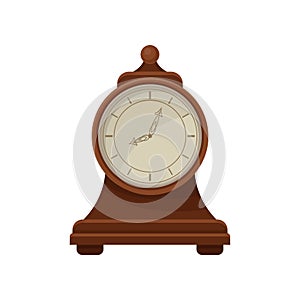 Flat vector icon of retro wooden desk clock with round dial. Interior decor element. Design for banner or poster of