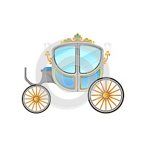 Flat vector icon of royal horse-drawn carriage with small cab. Vintage vehicle decorated with lanterns and golden