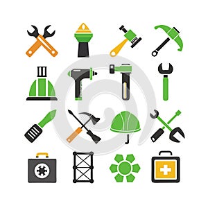 Flat icon set of tools and construction equipment elements