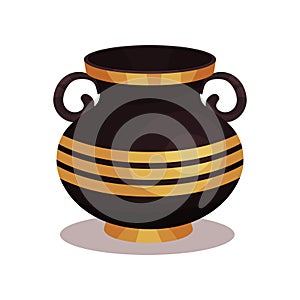 Flat vector icon of shiny black amphora with golden stripes. Ancient jug with two handles and broad neck. Greek pottery