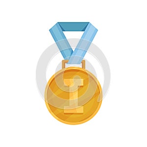 Flat vector icon of shiny golden medal with blue ribbon. First place. Reward for champion of competitions.