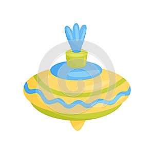 Flat vector icon of small yellow spinning top with blue and green stripes. Children toy. Kids development game