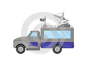 Flat vector icon of television broadcasting truck, side view. Car with satellite antenna on roof. Media vehicle