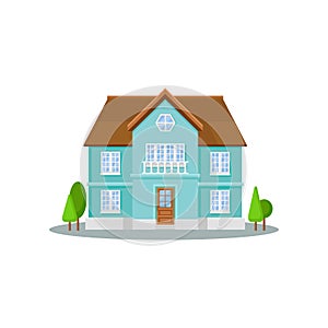 Flat vector icon of three-storey house with big windows, wooden door and roof. Exterior of residential cottage. Modern