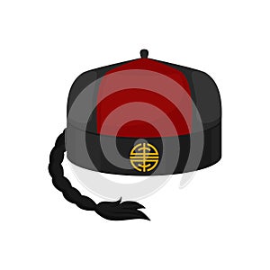 Flat vector icon of traditional red-black mandarin or landlord hat with pigtail. National Chinese male cap