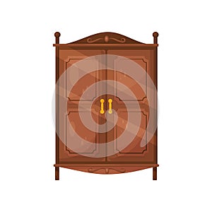 Flat vector icon of vintage wooden cabinet with golden handles. Classic furniture for bedroom. Brown cupboard