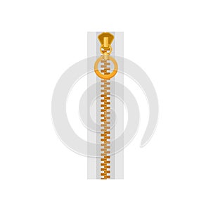 Flat vector icon of white zip fastener with golden teeth and puller ring. Closed zipper for clothes. Cutting and sewing