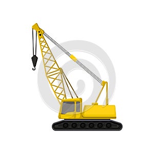 Flat vector icon of yellow crane on crawler tracks. Heavy machine with hook using in construction industry for lifting